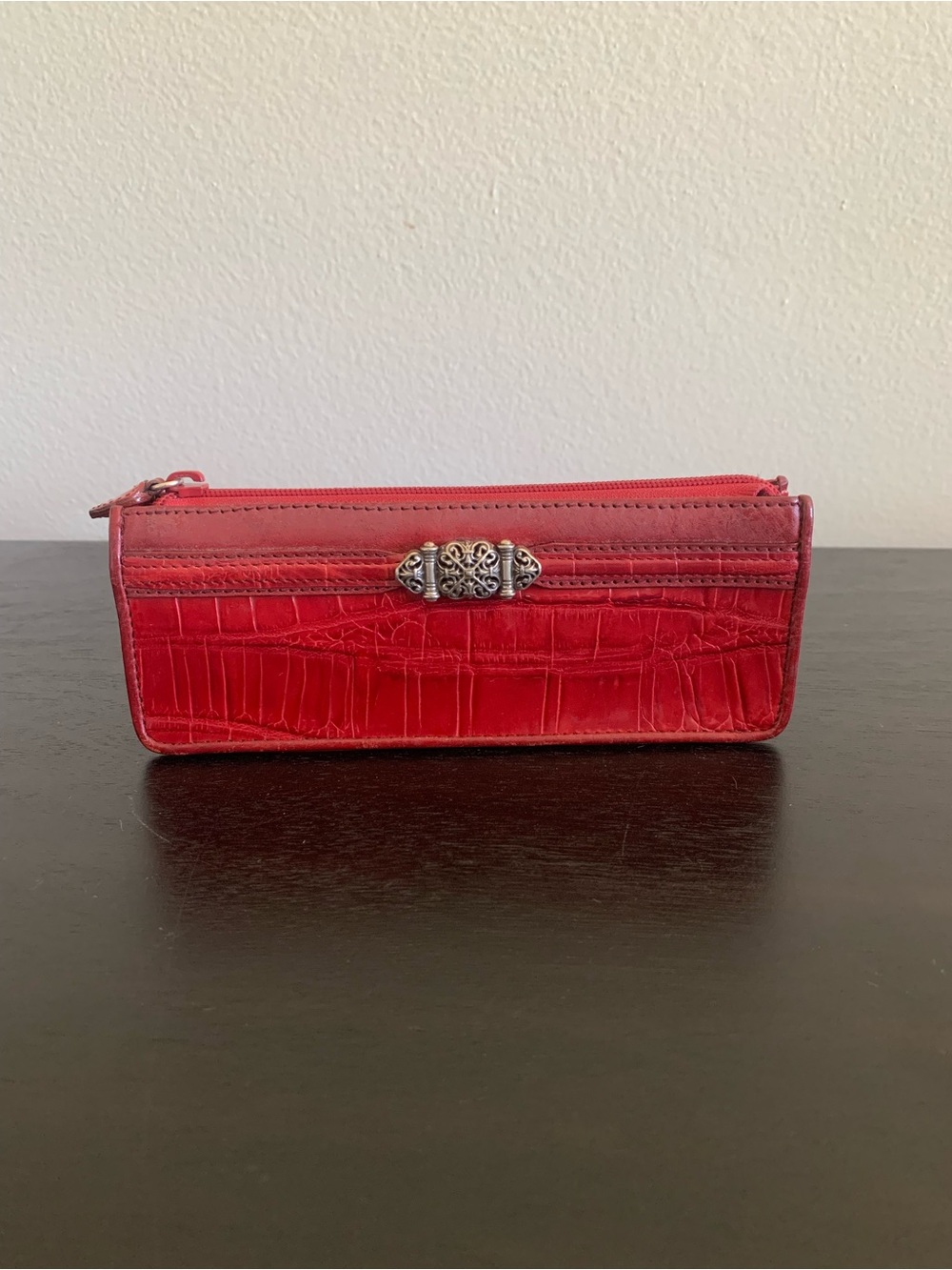 Brighton Red Leather Croc Embossed Zip Up Cosmetic Case Coin Purse Makeup Case